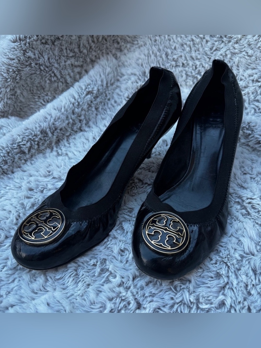 Tory Burch Black Patent Leather Logo heels with Gold Medallion